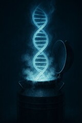 A glowing DNA helix magically emerging from a cryogenic storage container
