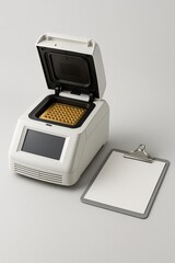 Molecular biology equipment: an open thermal cycler (PCR machine) with a clipboard