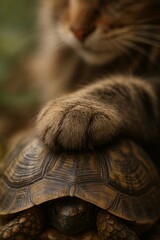 A gentle cat's paw softly resting on a turtle's shell, showing an unusual friendship