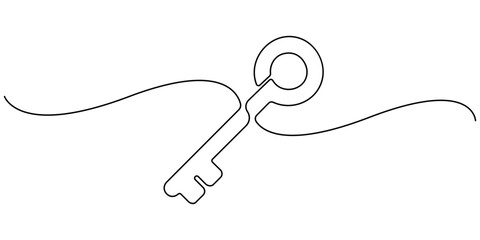 Continuous one line drawing of a key in minimalist outline vector design. 