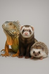 Diverse pet families: an iguana, ferret, and hedgehog posing together for a studio portrait