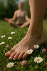 Mindfulness meditation in nature with focus on a bare foot on green grass with daisies