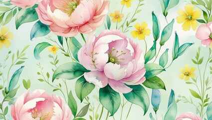 Dreamy Floral Landscape: A Peaceful Scene of Abundant Petals and Greenery in a Watercolor Style

