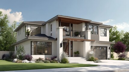 Two-story home showcases modern architecture. Exterior view of a luxury residence with clean lines, landscaping. Ideal for real estate marketing, design, and web.