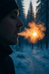 Man with his eyes closed exhaling steamy breath in a cold, snowy forest at sunrise
