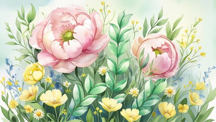 Vibrant Spring Meadow: A Gentle Arrangement of Peony-like Blossoms and Small Yellow Flowers


