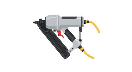 Pneumatic nail gun, construction tool, angled design, air hose, power tool, isolated on white.