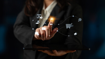 Omnichannel marketing journey showing interaction across media, email, messaging, mobile,...