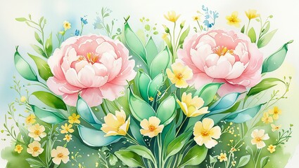Lush Watercolor Garden: Pink Peonies and Yellow Wildflowers Amidst Green Foliage