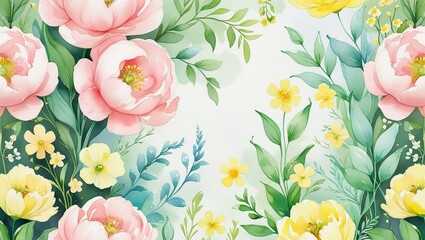 Soft Botanical Illustration: Serene Blooming Flowers and Delicate Leaves in Pastel Hues

