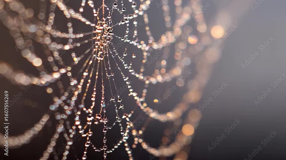 Poster dew-covered spider web glimmers in morning light showing intricate patterns in nature