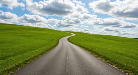 Fototapeta premium Winding road through a vibrant green landscape under a partly cloudy sky.