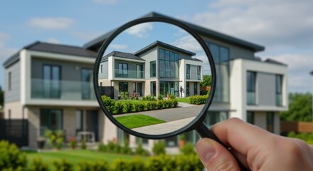 Modern homes viewed through a magnifying glass, emphasizing detail and property inspection.