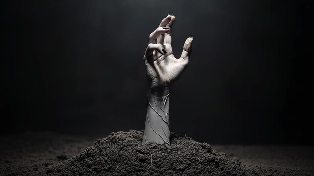 A pale, lifeless hand emerges from the dark soil, a chilling symbol of death and the struggle against the grave
