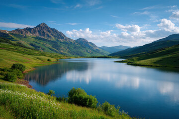 Fototapeta premium breathtaking mountain landscape featuring serene mountain lakes under clear blue sky