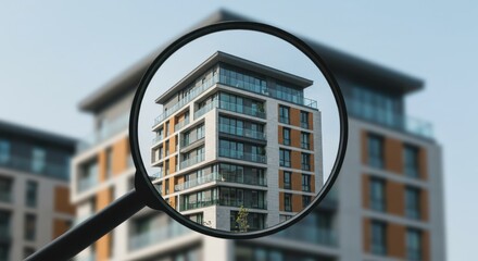 Modern apartment building viewed through a magnifying glass, emphasizing detail and urban development.