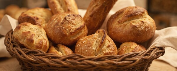 Golden-brown bread in wicker basket, rustic wooden surface. Freshly baked baguettes, ciabatta, artisan bread, warm colors, appetizing crumb, texture, detail, close-up, natural light, bakery,