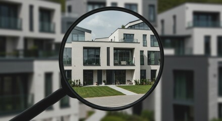 A magnifying glass focuses on a modern residential building complex.