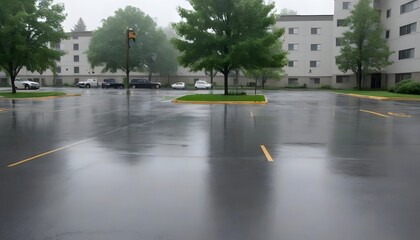 wet parking lot on a rainy day, with sidewalks, Empty road in rainy night, Empty road in rainy night, residential area in rain, created with generative ai