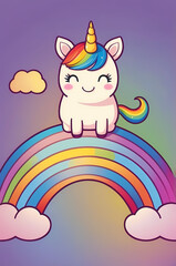 Süßes Einhorn auf Regenbogen – Cartoon Illustration in Farbe