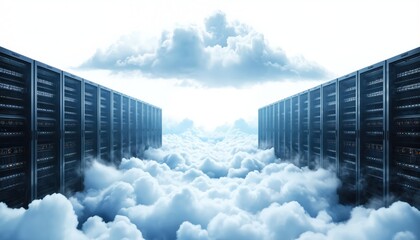 Digital illustration of vast network of interconnected servers in cloud computing system. Gray servers in grid pattern, soft light from central cloud. Business infrastructure, data storage, network