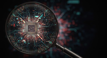Magnifying glass examines a computer processor, highlighting intricate circuit board details.