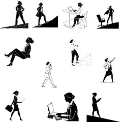Professional Office Women Silhouettes – Businesswoman Poses in Black and White Vector