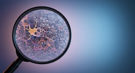 Magnifying glass focused on a complex, colorful, abstract microscopic view.