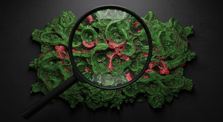 Magnifying glass focusing on a textured green and red abstract form, possibly representing a virus or microscopic organism.
