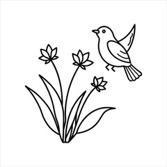 Small Bird and Spring Flowers Line Art Vector
