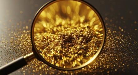 Magnifying glass over scattered gold dust, revealing details against a dark, blurred background.