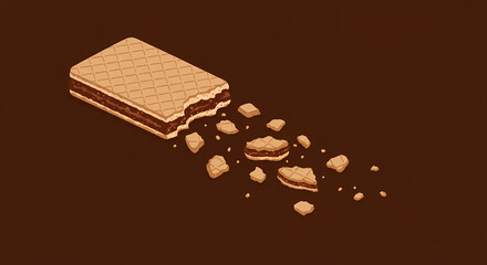 A bitten chocolate-filled wafer cookie crumbling into pieces on a brown background, an isometric illustration.