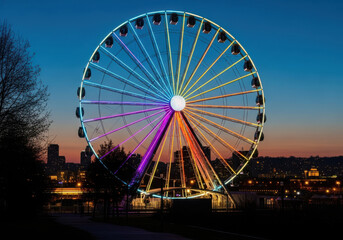 Vibrant ferris wheel illuminates the twilight sky with a spectrum of colorful lights