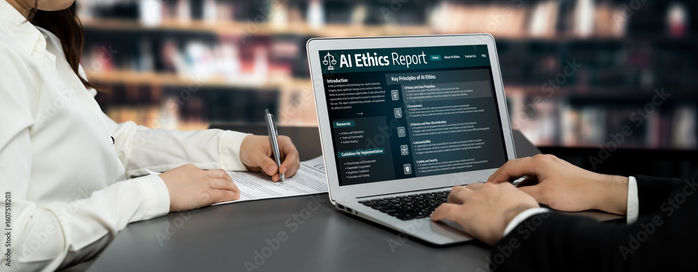 Poster ai ethics responsibility standard law and rules on computer screen provide report of ai ethic transp