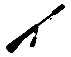 Silhouette image depicts a fishing rod and reel on a white background