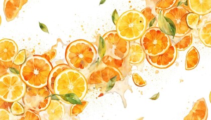Vibrant oranges, lemons, limes arranged in diagonal pattern on white background. Fruits in realistic style at various angles, creating depth, dynamism. No discernible text, consistent relative