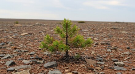 A small evergreen tree stands alone amidst a desolate, rocky landscape.
