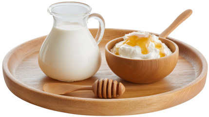 Round wooden breakfast tray with milk on white background 