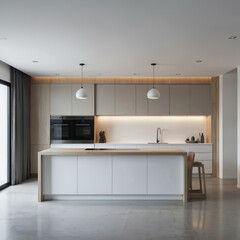 Fototapeta premium Modern kitchen with central island and wooden accents. Black countertop, sink, and dishwasher. White cabinets, floor, and ceiling fan. Light beige walls. Large window with white curtains.