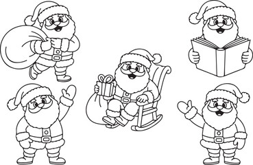 Obraz premium Outlined Santa Claus Characters in Various Poses with Gifts and Book