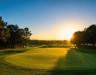 Golf course with vibrant green lawn, neatly trimmed grass, network of trees in various shades of green. Serene, tranquil atmosphere with golfer standing near first tee box. Warm glow of sunset
