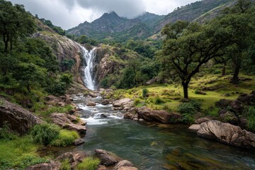 Breathtaking waterfall cascading down rocky cliffs surrounded by lush greenery in a serene mountain setting during daylight hours