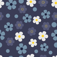 A whimsical seamless pattern featuring simple blue and white flowers with yellow centers, alongside scattered dots on a dark blue. Ideal for retro, playful, and contemporary designs