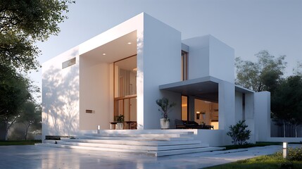 Fototapeta premium Modern home design stands elegantly. Architecture emphasizes clean lines, minimalist style, white facade, bright interior. Use for real estate marketing, architectural visualization.