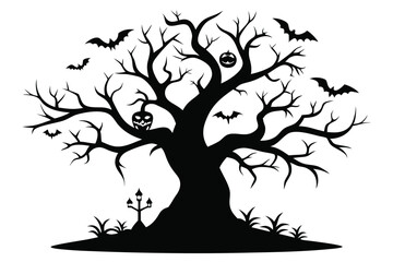 Silhouette of Spooky Halloween Tree with Bats and Jacko'lanterns, Haunted House