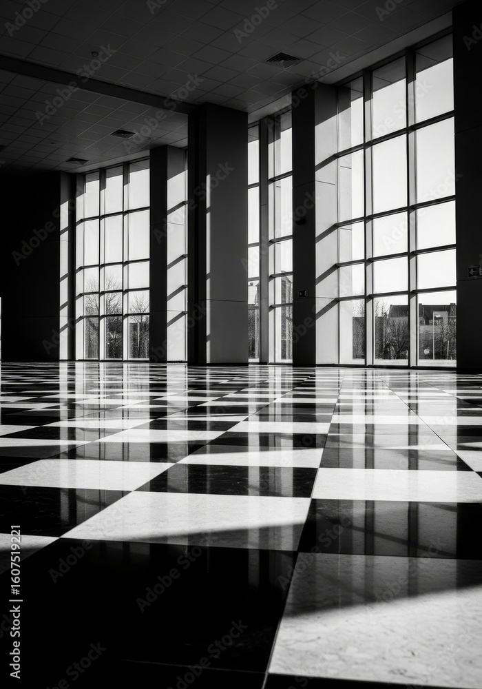 Poster modern building interior with checkered floor - sunlight streams through large windows illuminating 