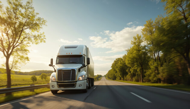 Large white truck drives on gray highway. Lush green trees, clear blue sky, fluffy white clouds surround vehicle. American semi-truck transport cargo on busy road. - Powered by Adobe