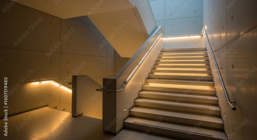 Poster modern illuminated staircase in concrete building - a modern architectural of a sleek, illuminated s