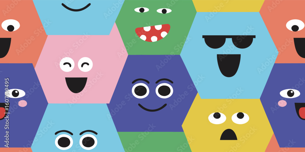 Poster a vibrant red and black pattern featuring a variety of expressive faces in different styles and expr