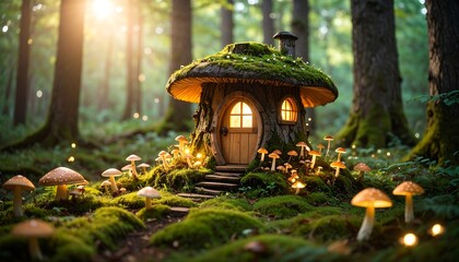 Enchanting tree stump house surrounded by glowing mushrooms in a mystical forest setting